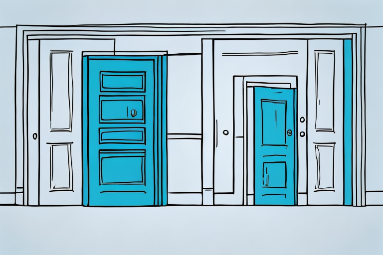 A hand-drawn illustration of various blue doors, each with a unique design, against a simple backdrop.